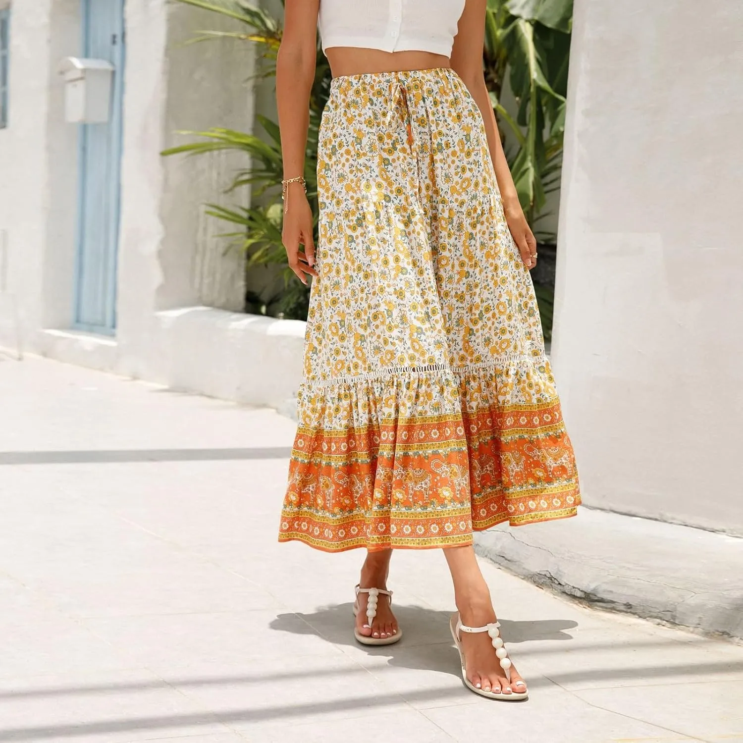 Wrap Skirt, Flowy Maxi Skirts for Women 2025 Trendy Drawstring Tiered Long Boho Skirt Spring Summer Sexy