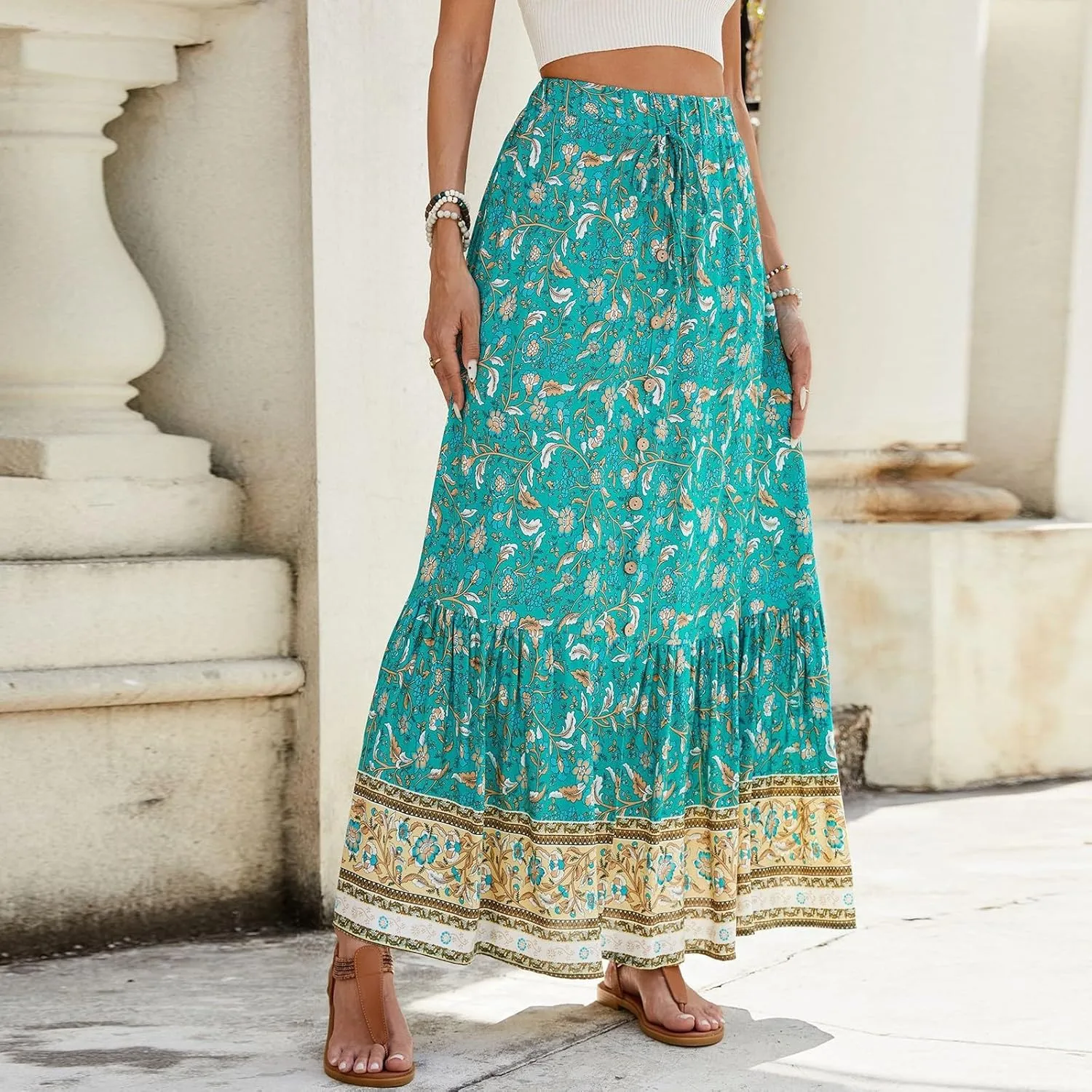 Wrap Skirt, Flowy Maxi Skirts for Women 2025 Trendy Drawstring Tiered Long Boho Skirt Spring Summer Sexy