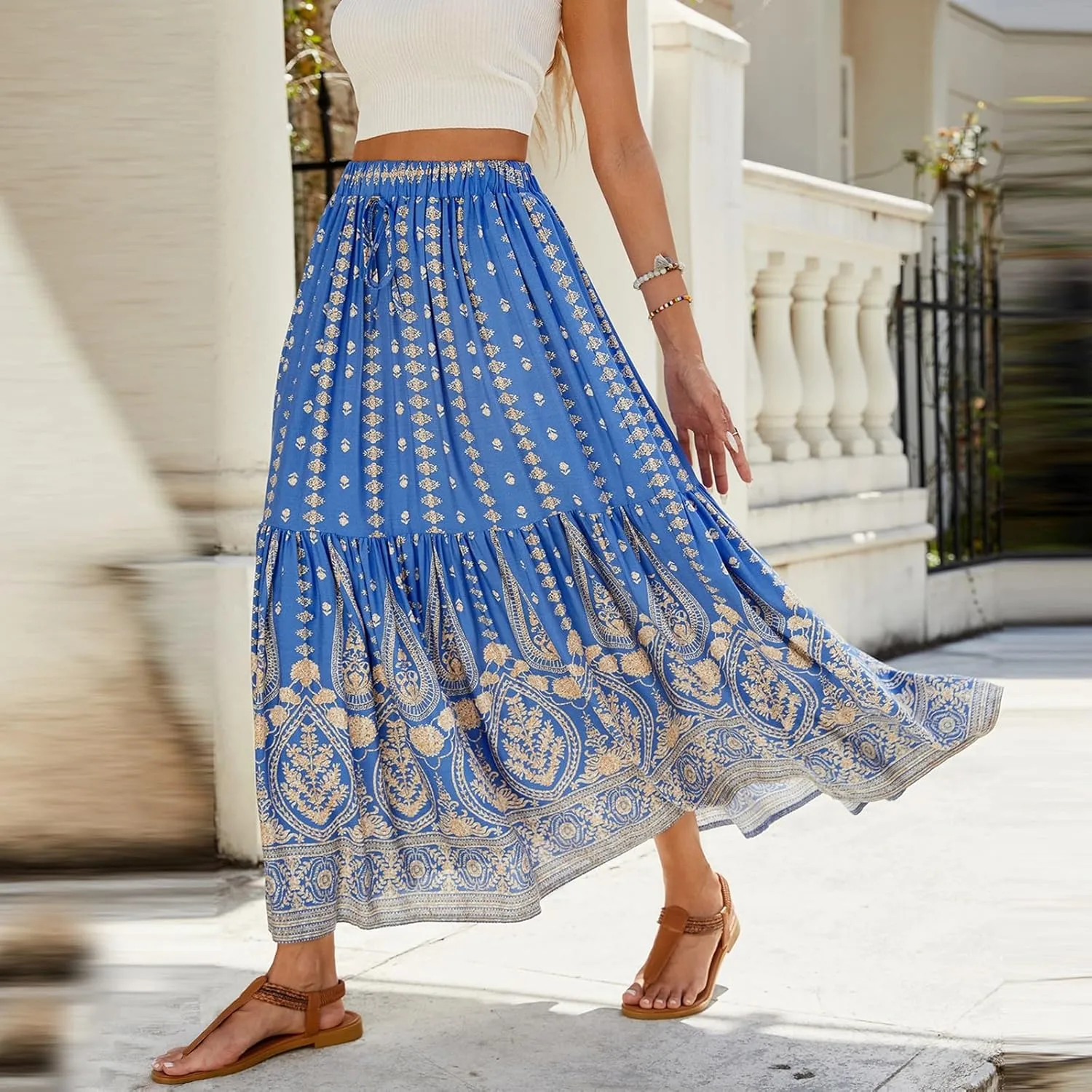 Wrap Skirt, Flowy Maxi Skirts for Women 2025 Trendy Drawstring Tiered Long Boho Skirt Spring Summer Sexy