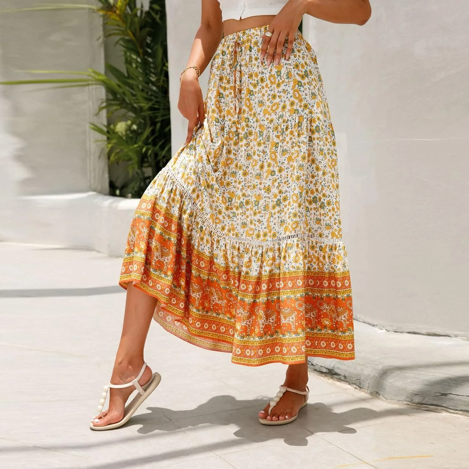 Wrap Skirt, Flowy Maxi Skirts for Women 2025 Trendy Drawstring Tiered Long Boho Skirt Spring Summer Sexy