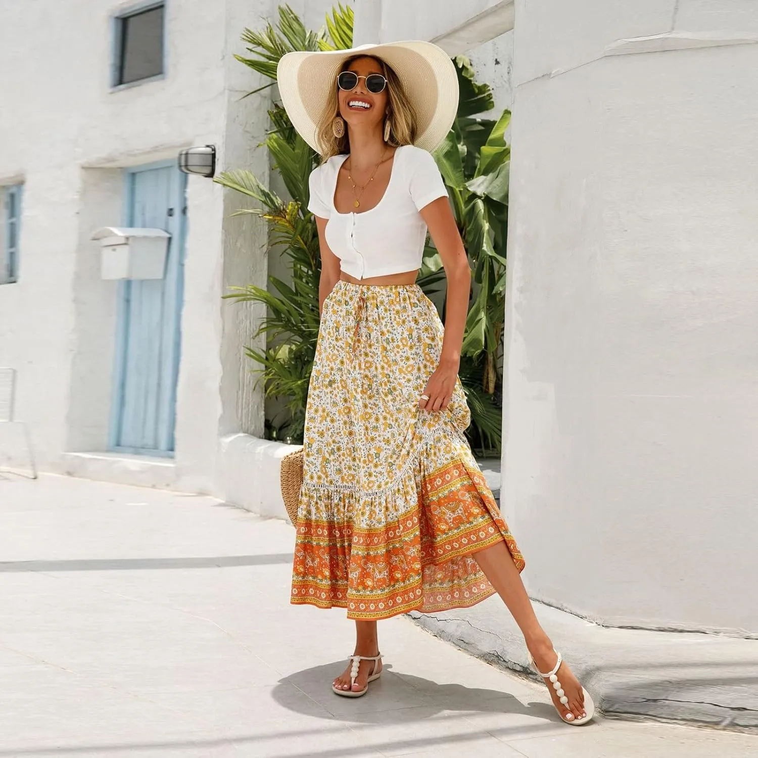 Wrap Skirt, Flowy Maxi Skirts for Women 2025 Trendy Drawstring Tiered Long Boho Skirt Spring Summer Sexy