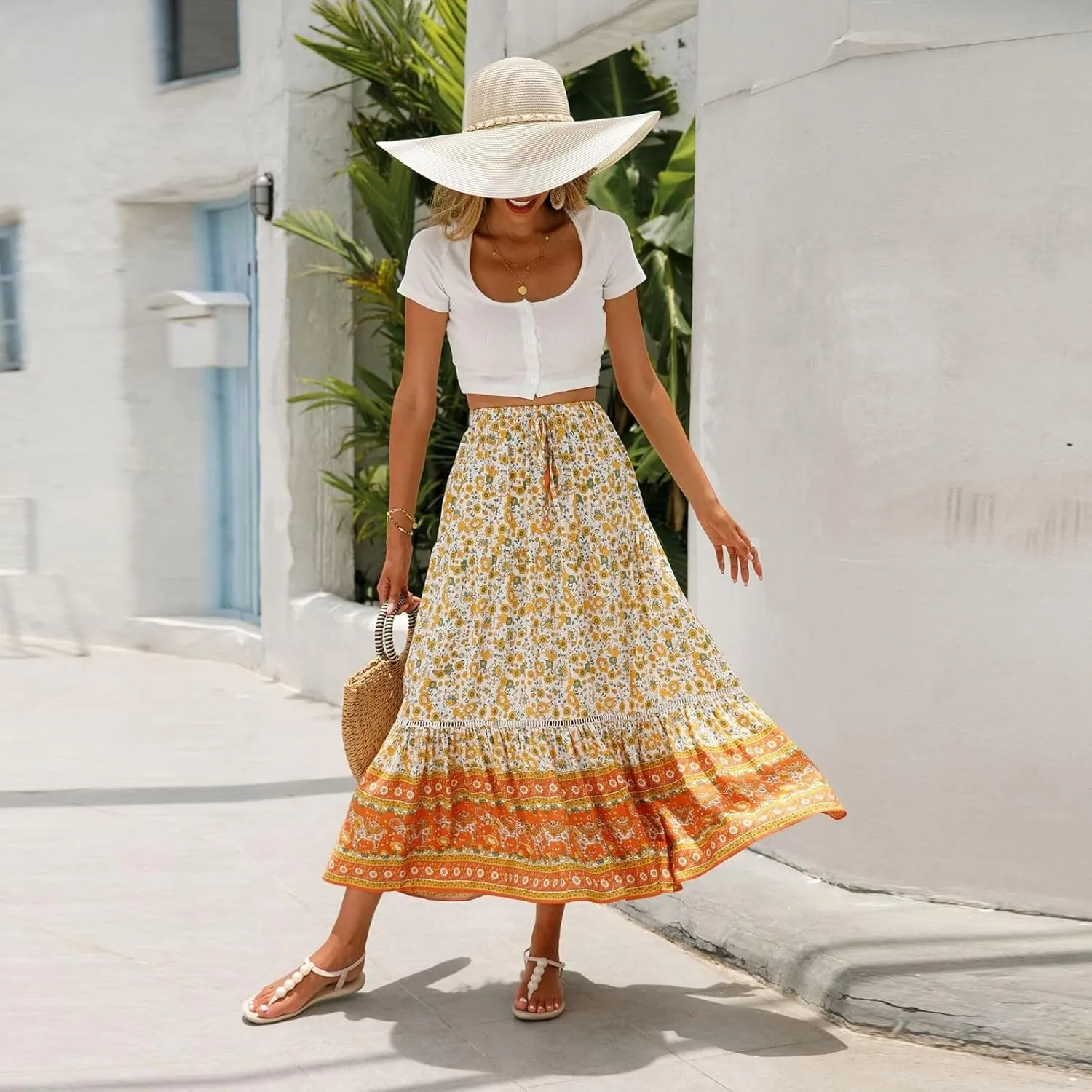 Wrap Skirt, Flowy Maxi Skirts for Women 2025 Trendy Drawstring Tiered Long Boho Skirt Spring Summer Sexy