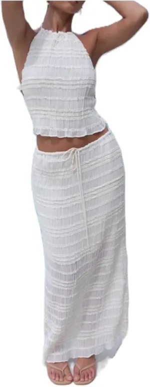 Y2k Maxi Skirt Set for Women Backless Lace Halter Crop Top Flowy Long Skirt Going Out Set 2 Piece Beach Outfits