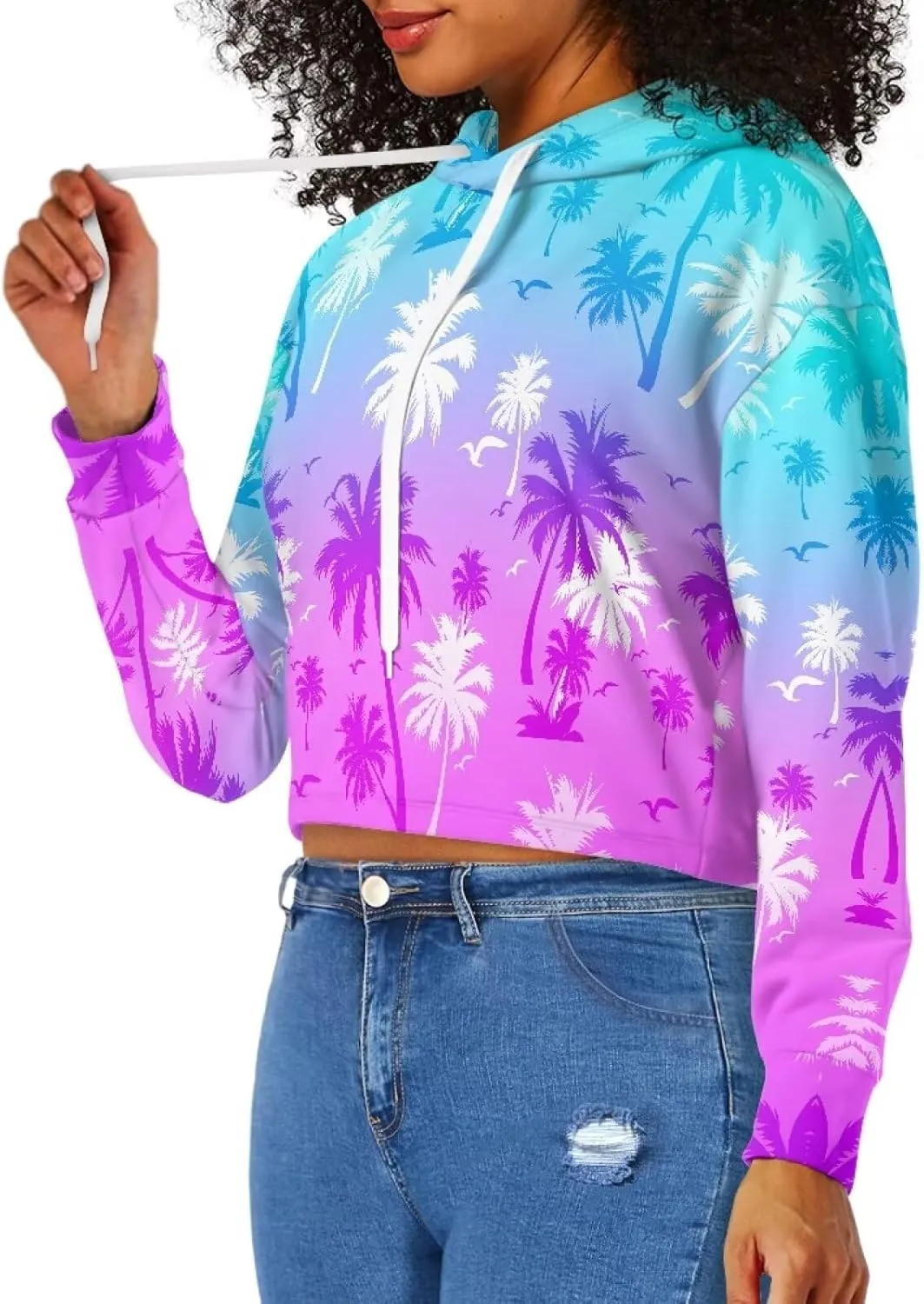 YEXIATODO Drawstring Crop Top Hoodies Casual Long Sleeve Hooded Sweatshirt Women