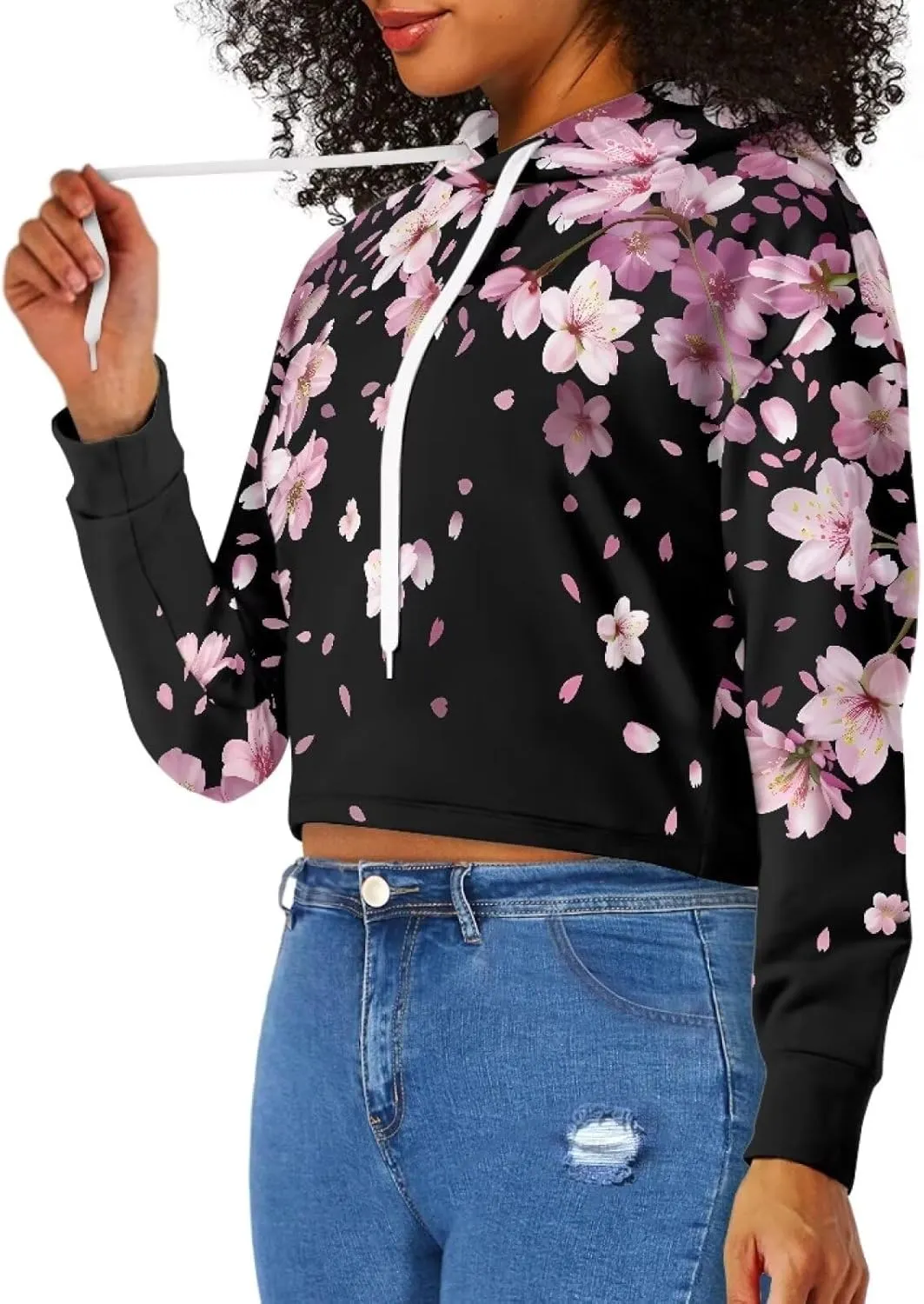 YEXIATODO Drawstring Crop Top Hoodies Casual Long Sleeve Hooded Sweatshirt Women