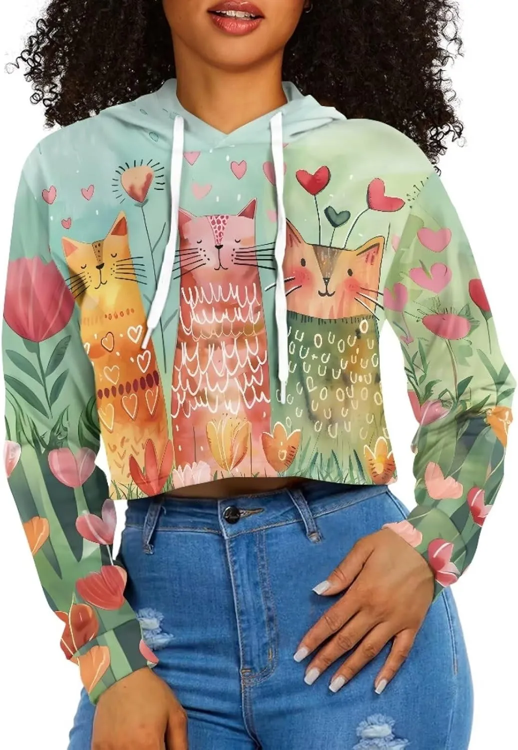 YEXIATODO Drawstring Crop Top Hoodies Casual Long Sleeve Hooded Sweatshirt Women