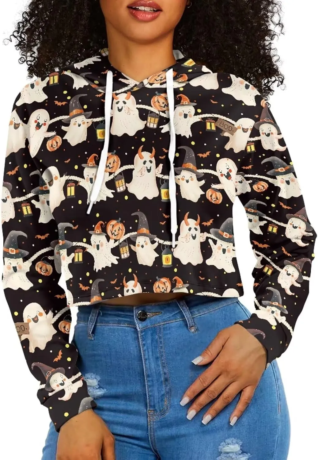 YEXIATODO Drawstring Crop Top Hoodies Casual Long Sleeve Hooded Sweatshirt Women