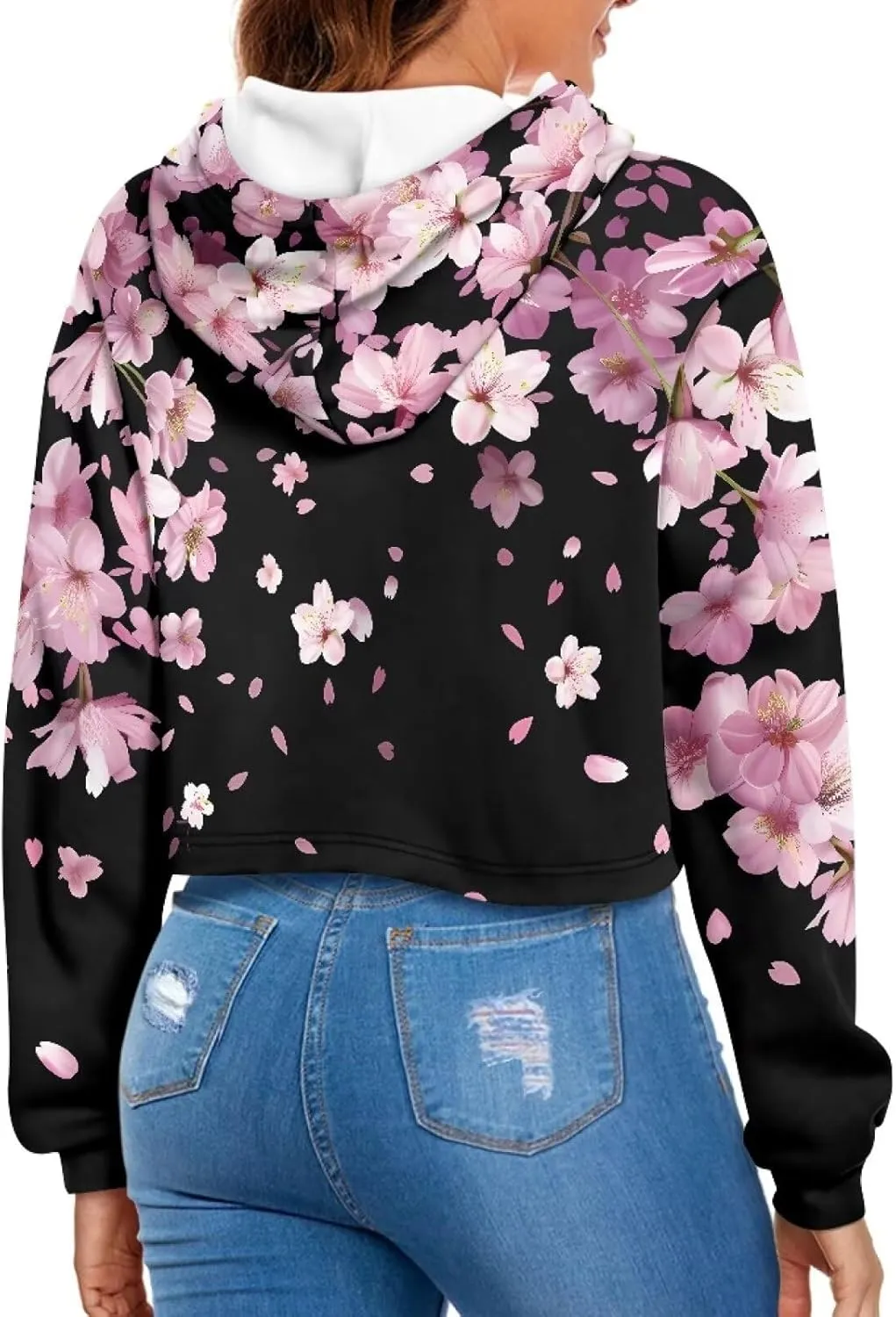 YEXIATODO Drawstring Crop Top Hoodies Casual Long Sleeve Hooded Sweatshirt Women
