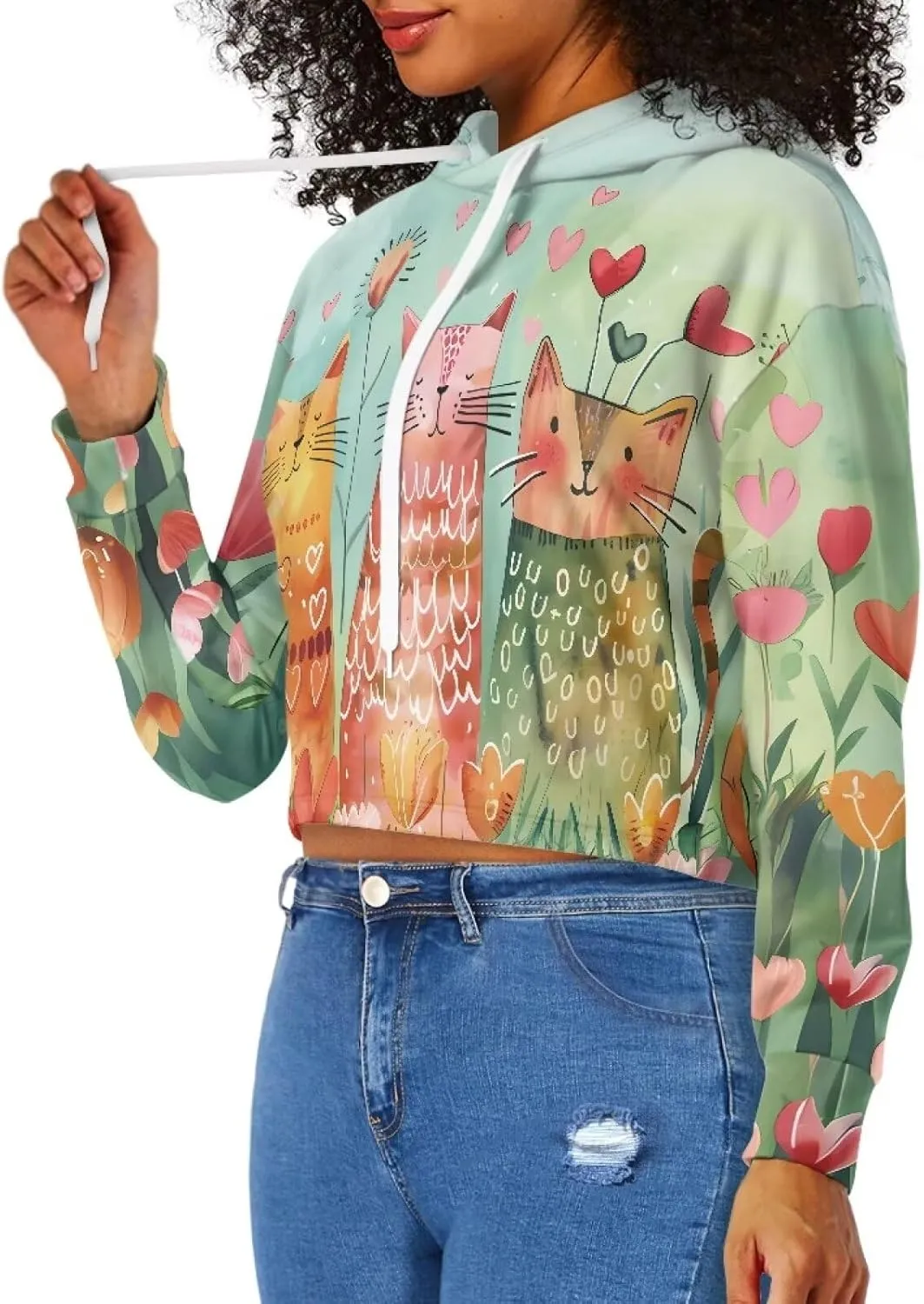 YEXIATODO Drawstring Crop Top Hoodies Casual Long Sleeve Hooded Sweatshirt Women