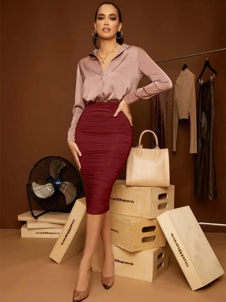 YMDUCH Women's Sexy Ruched Bodycon Elasticity Tight Casual Club Pencil Skirt