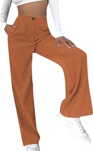 YMING Women's Corduroy Wide Leg Pants High Waist Straight Leg Pants Solid Color Trousers with Pockets