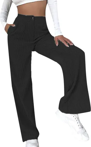 YMING Women's Corduroy Wide Leg Pants High Waist Straight Leg Pants Solid Color Trousers with Pockets