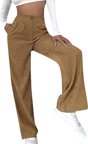 YMING Women's Corduroy Wide Leg Pants High Waist Straight Leg Pants Solid Color Trousers with Pockets