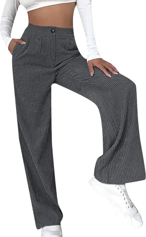 YMING Women's Corduroy Wide Leg Pants High Waist Straight Leg Pants Solid Color Trousers with Pockets