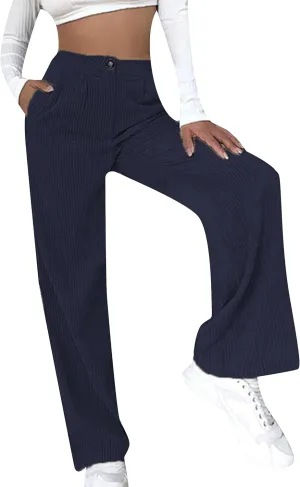 YMING Women's Corduroy Wide Leg Pants High Waist Straight Leg Pants Solid Color Trousers with Pockets