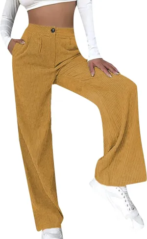 YMING Women's Corduroy Wide Leg Pants High Waist Straight Leg Pants Solid Color Trousers with Pockets