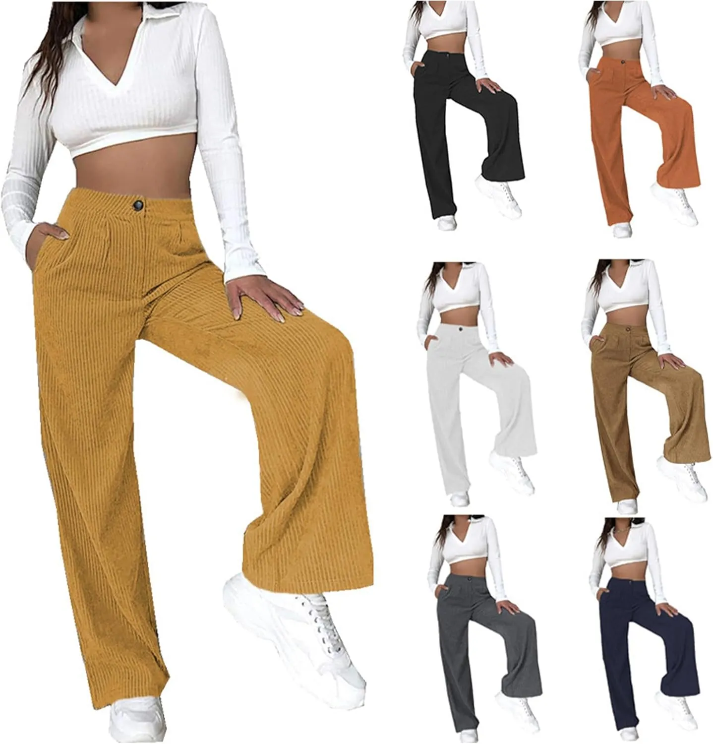 YMING Women's Corduroy Wide Leg Pants High Waist Straight Leg Pants Solid Color Trousers with Pockets