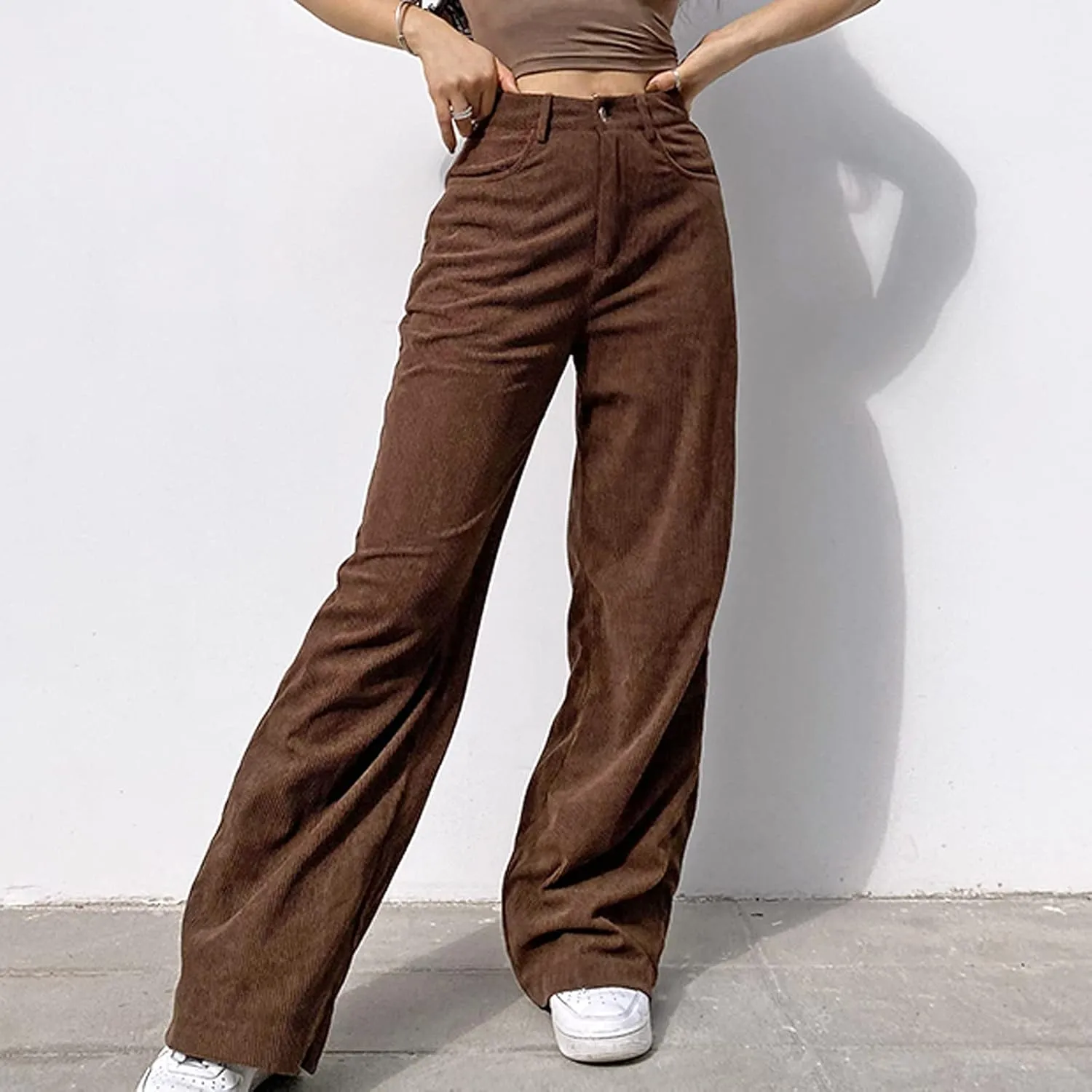 YOLAI Women Corduroy Wide Leg Pants High Waist Straight Leg Trousers Autumn Winter Casual Business Work Trousers