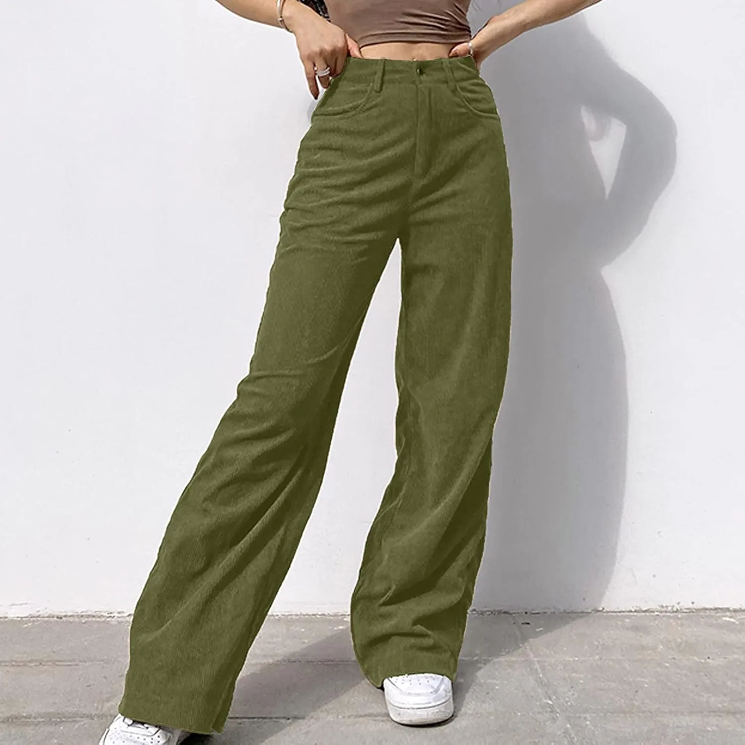YOLAI Women Corduroy Wide Leg Pants High Waist Straight Leg Trousers Autumn Winter Casual Business Work Trousers