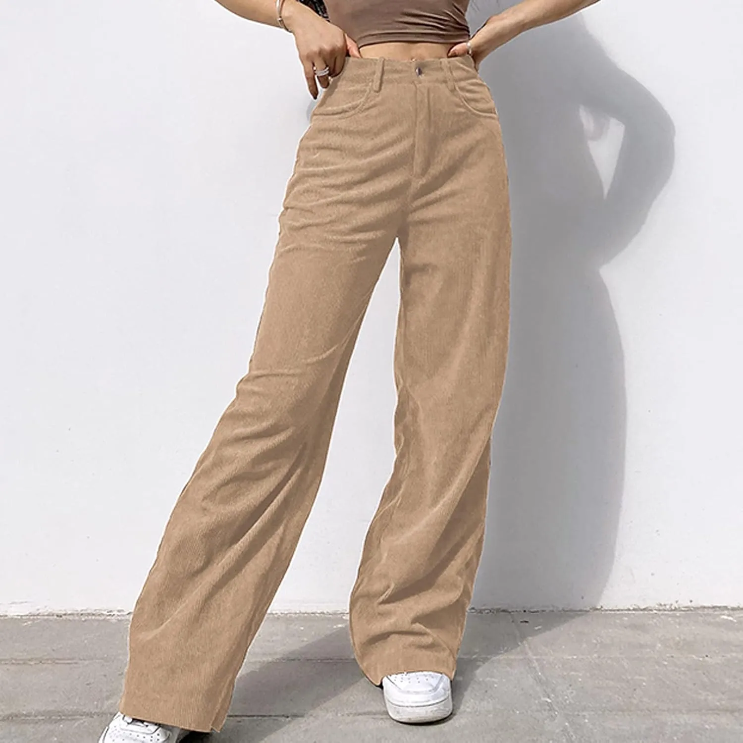 YOLAI Women Corduroy Wide Leg Pants High Waist Straight Leg Trousers Autumn Winter Casual Business Work Trousers