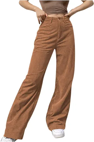 YOLAI Women Corduroy Wide Leg Pants High Waist Straight Leg Trousers Autumn Winter Casual Business Work Trousers