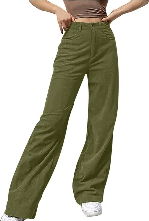 YOLAI Women Corduroy Wide Leg Pants High Waist Straight Leg Trousers Autumn Winter Casual Business Work Trousers