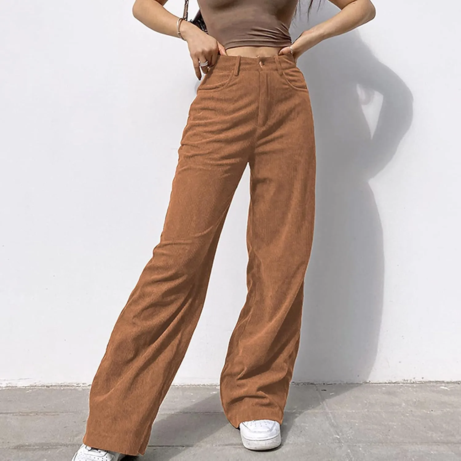 YOLAI Women Corduroy Wide Leg Pants High Waist Straight Leg Trousers Autumn Winter Casual Business Work Trousers