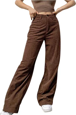 YOLAI Women Corduroy Wide Leg Pants High Waist Straight Leg Trousers Autumn Winter Casual Business Work Trousers