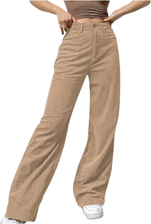 YOLAI Women Corduroy Wide Leg Pants High Waist Straight Leg Trousers Autumn Winter Casual Business Work Trousers