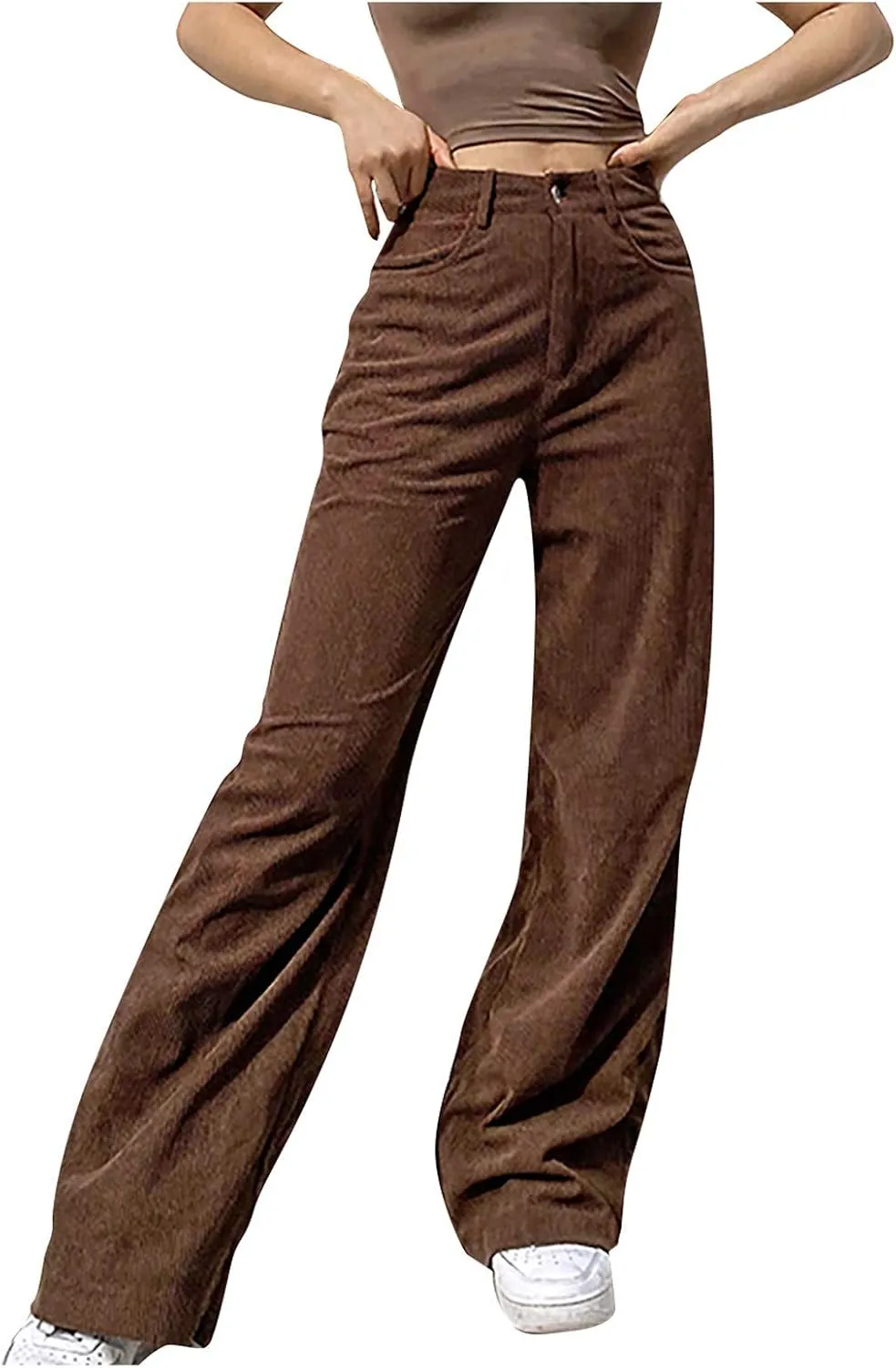 YOLAI Women Corduroy Wide Leg Pants High Waist Straight Leg Trousers Autumn Winter Casual Business Work Trousers