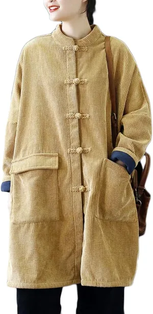 Ystylee Womens Classic Long Corduroy Jacket Sherpa Fleece Lined Loose Button Down Chinese Vintage Jacket Trench Coat
