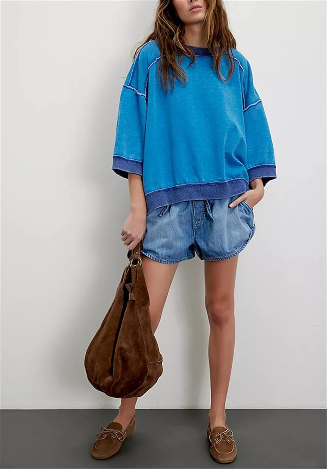 Yuemengxuan Women 3/4 Sleeve Oversized Shirt Crewneck Color Block Pullover Sweatshirt Loose Boho Summer T-Shirt Streetwear