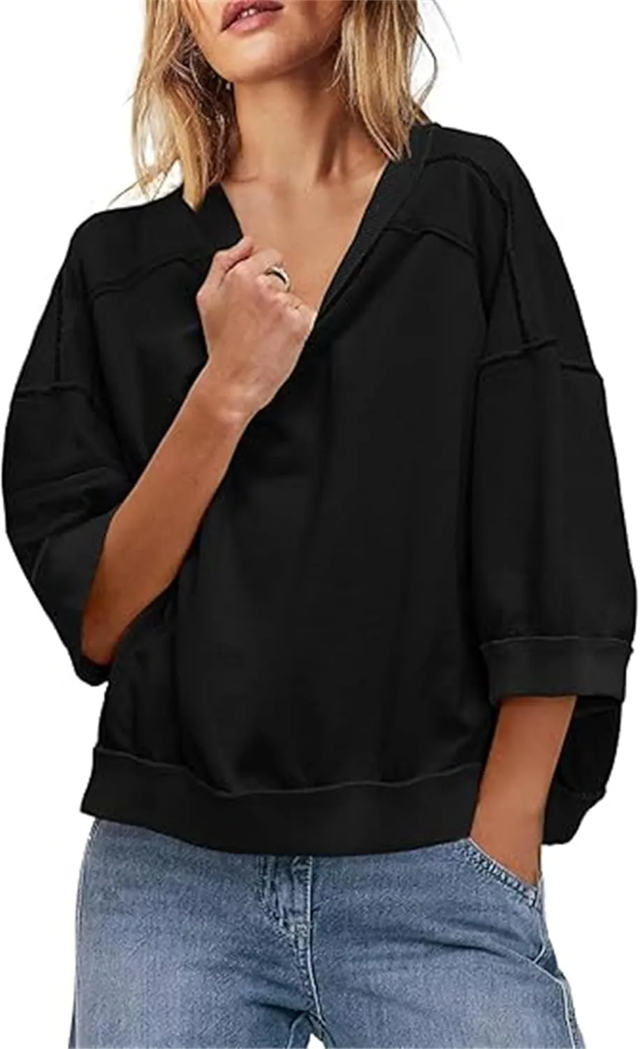 Yuemengxuan Women 3/4 Sleeve Oversized Shirt Crewneck Color Block Pullover Sweatshirt Loose Boho Summer T-Shirt Streetwear