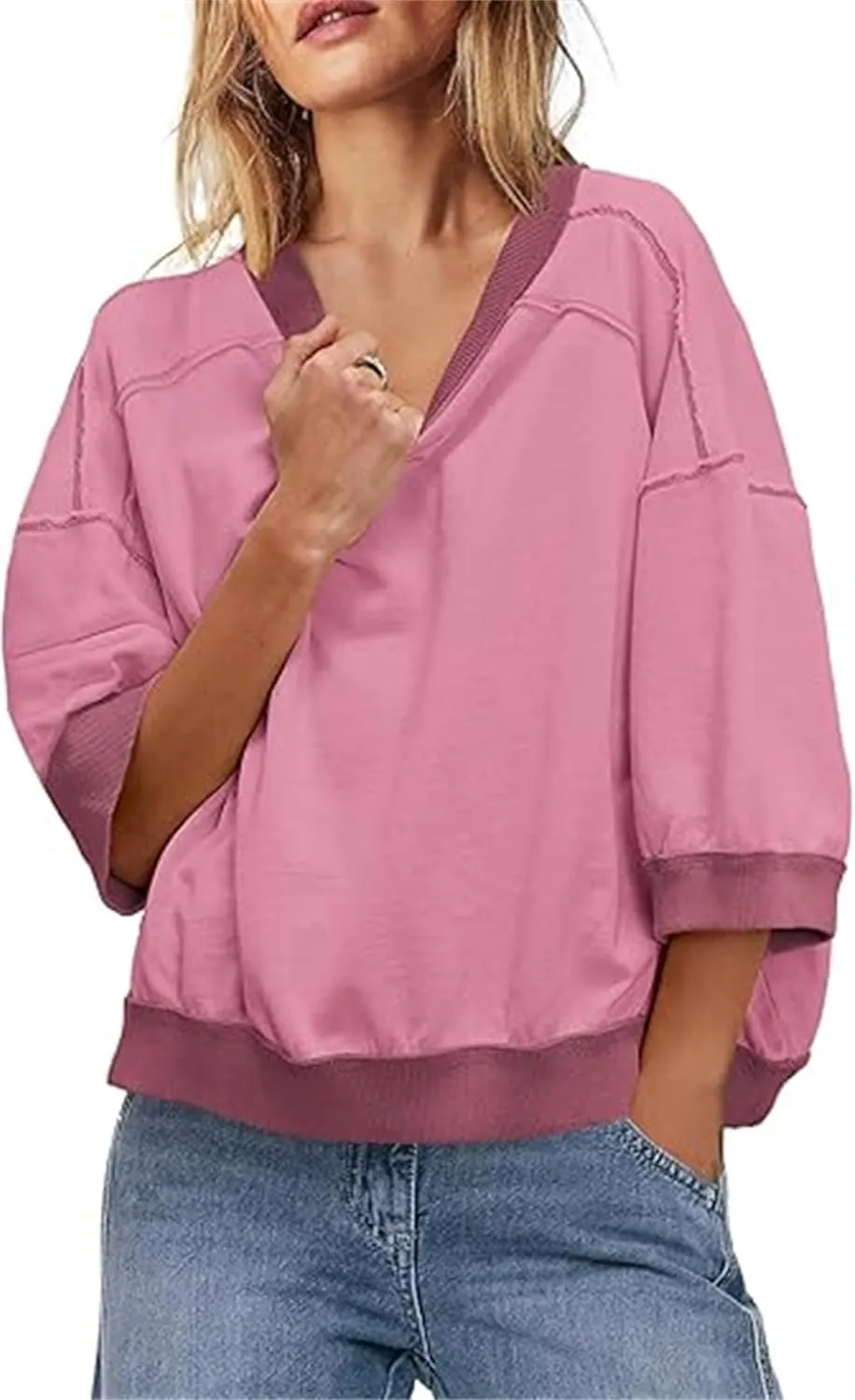 Yuemengxuan Women 3/4 Sleeve Oversized Shirt Crewneck Color Block Pullover Sweatshirt Loose Boho Summer T-Shirt Streetwear