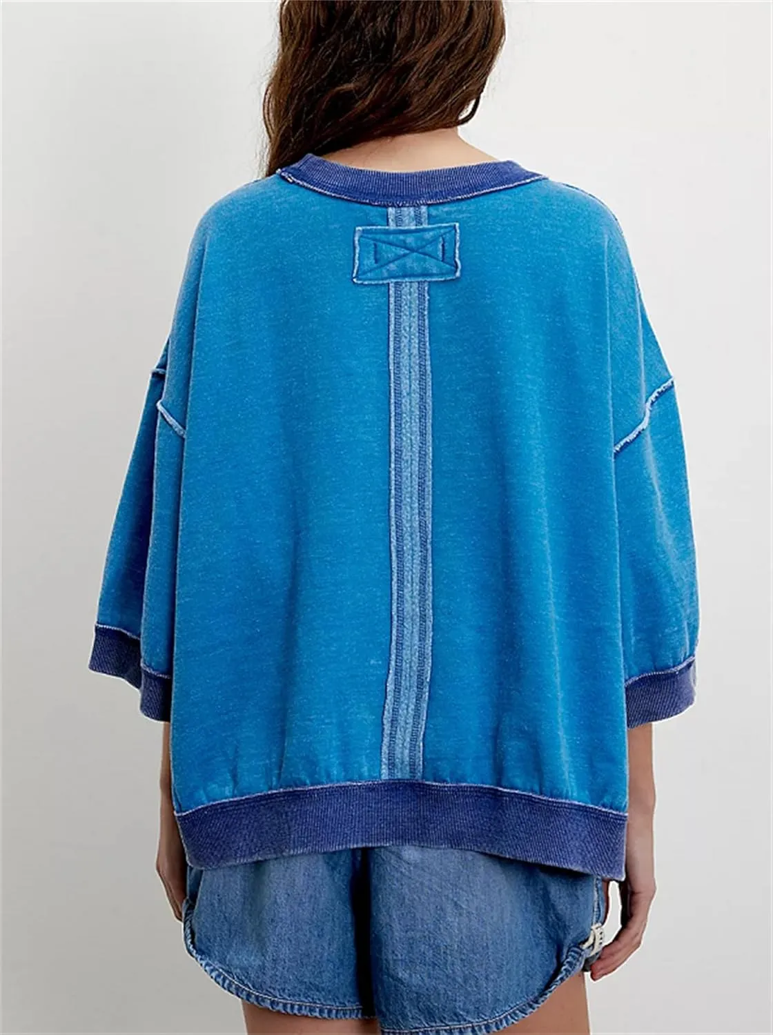 Yuemengxuan Women 3/4 Sleeve Oversized Shirt Crewneck Color Block Pullover Sweatshirt Loose Boho Summer T-Shirt Streetwear