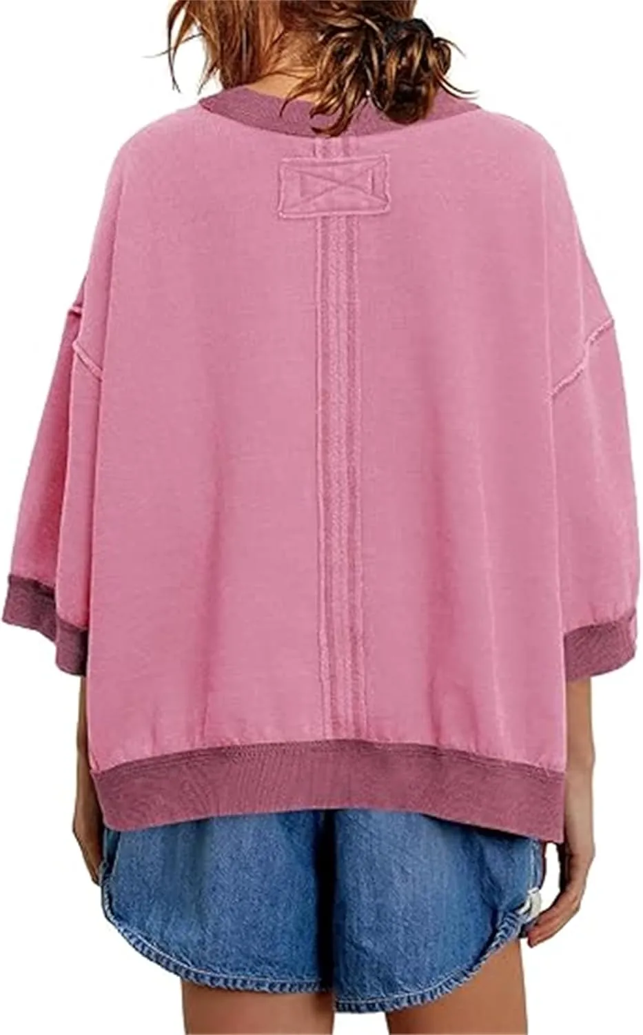 Yuemengxuan Women 3/4 Sleeve Oversized Shirt Crewneck Color Block Pullover Sweatshirt Loose Boho Summer T-Shirt Streetwear