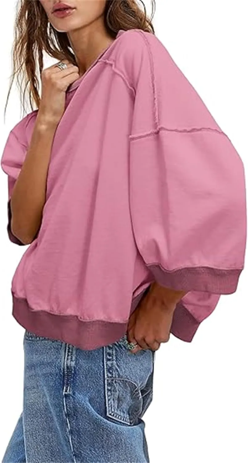 Yuemengxuan Women 3/4 Sleeve Oversized Shirt Crewneck Color Block Pullover Sweatshirt Loose Boho Summer T-Shirt Streetwear