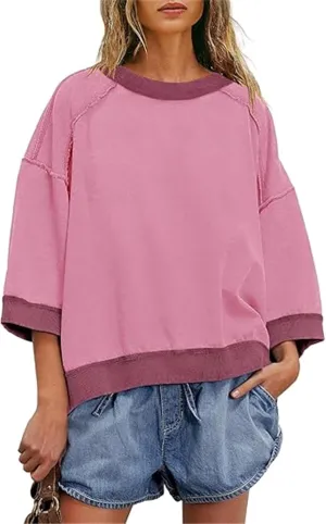 Yuemengxuan Women 3/4 Sleeve Oversized Shirt Crewneck Color Block Pullover Sweatshirt Loose Boho Summer T-Shirt Streetwear
