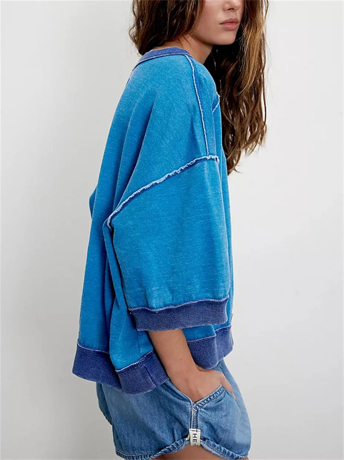 Yuemengxuan Women 3/4 Sleeve Oversized Shirt Crewneck Color Block Pullover Sweatshirt Loose Boho Summer T-Shirt Streetwear