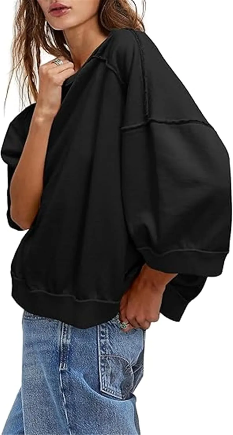Yuemengxuan Women 3/4 Sleeve Oversized Shirt Crewneck Color Block Pullover Sweatshirt Loose Boho Summer T-Shirt Streetwear