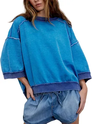 Yuemengxuan Women 3/4 Sleeve Oversized Shirt Crewneck Color Block Pullover Sweatshirt Loose Boho Summer T-Shirt Streetwear