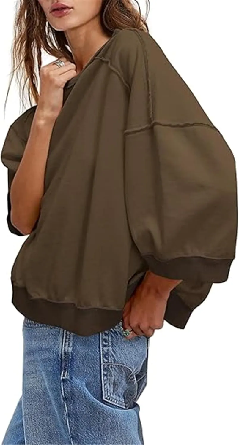 Yuemengxuan Women 3/4 Sleeve Oversized Shirt Crewneck Color Block Pullover Sweatshirt Loose Boho Summer T-Shirt Streetwear