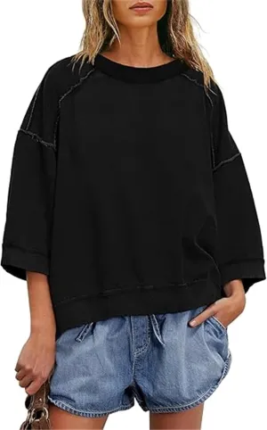 Yuemengxuan Women 3/4 Sleeve Oversized Shirt Crewneck Color Block Pullover Sweatshirt Loose Boho Summer T-Shirt Streetwear