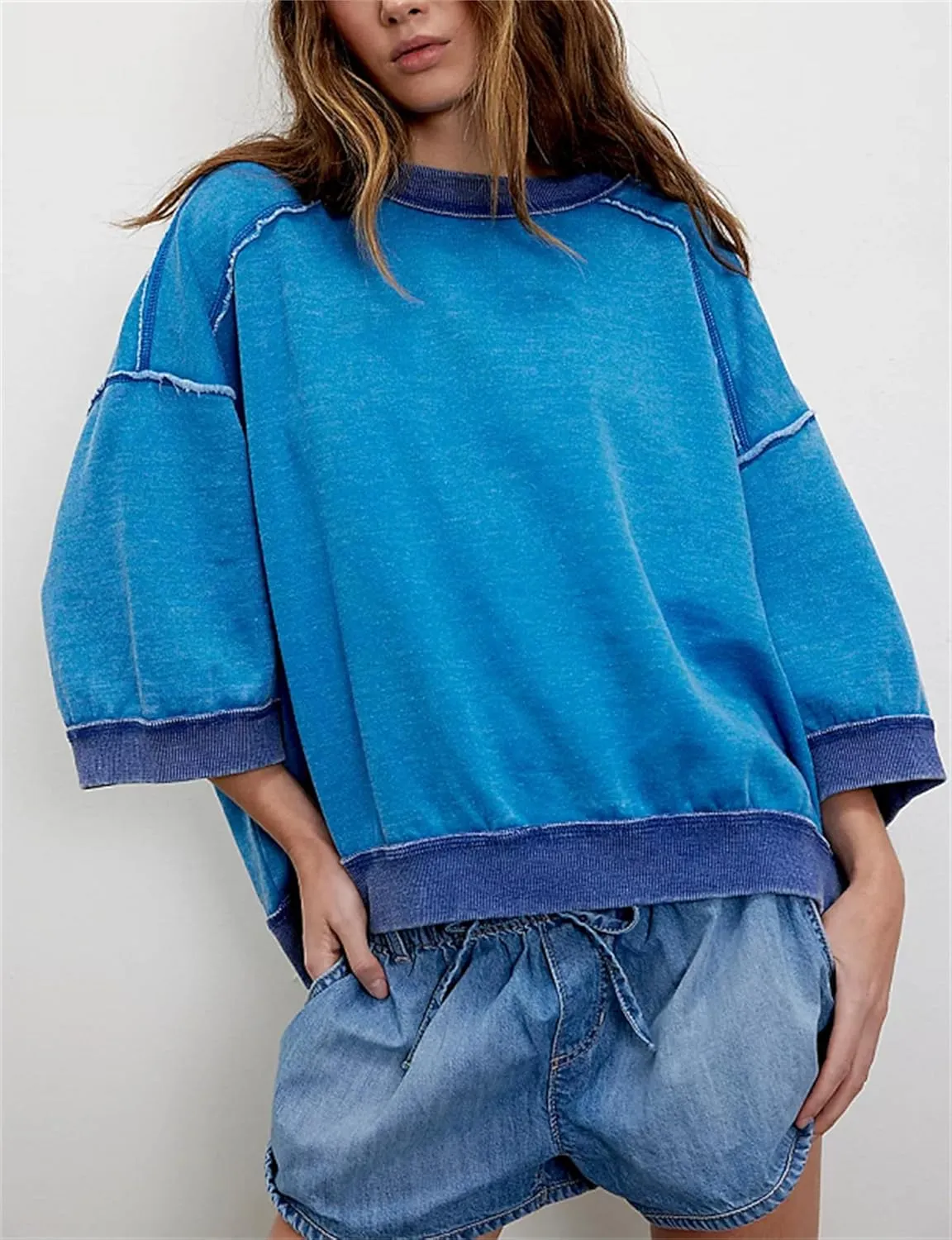 Yuemengxuan Women 3/4 Sleeve Oversized Shirt Crewneck Color Block Pullover Sweatshirt Loose Boho Summer T-Shirt Streetwear