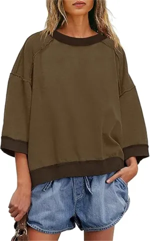 Yuemengxuan Women 3/4 Sleeve Oversized Shirt Crewneck Color Block Pullover Sweatshirt Loose Boho Summer T-Shirt Streetwear