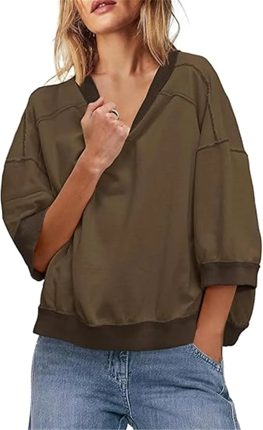 Yuemengxuan Women 3/4 Sleeve Oversized Shirt Crewneck Color Block Pullover Sweatshirt Loose Boho Summer T-Shirt Streetwear