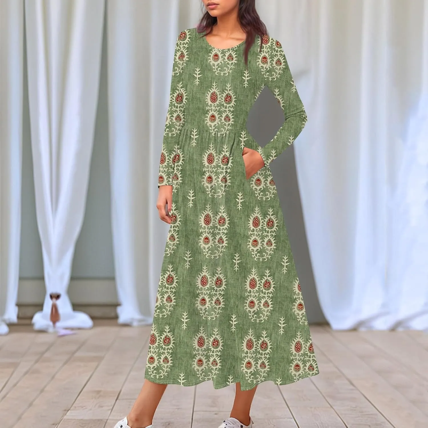 ZEFOTIM Long Sleeve Dresses for Women Casual Crewneck with Pockets Vacation Floral Dresses Spring Summer Dresses