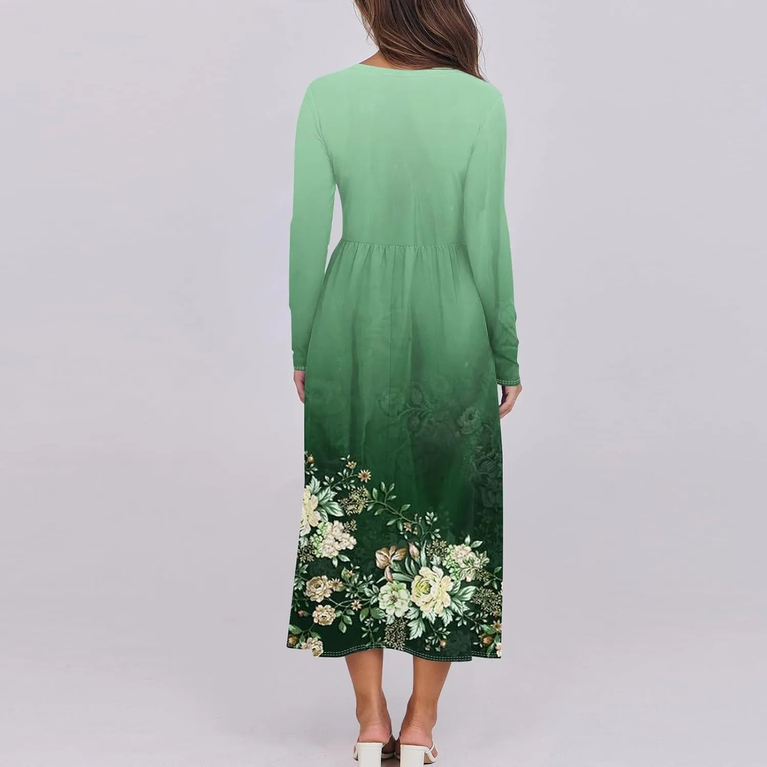 ZEFOTIM Long Sleeve Dresses for Women Casual Crewneck with Pockets Vacation Floral Dresses Spring Summer Dresses