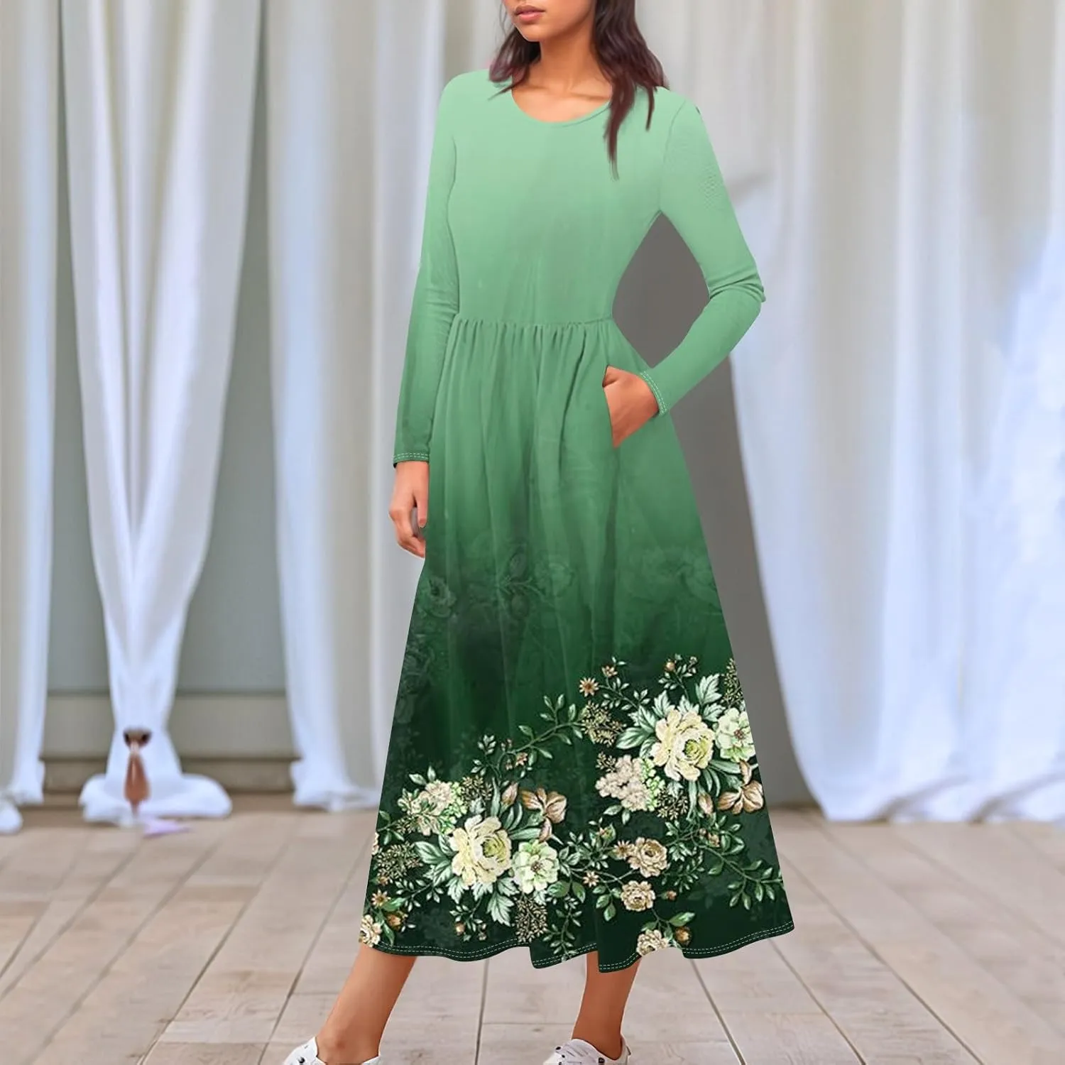 ZEFOTIM Long Sleeve Dresses for Women Casual Crewneck with Pockets Vacation Floral Dresses Spring Summer Dresses