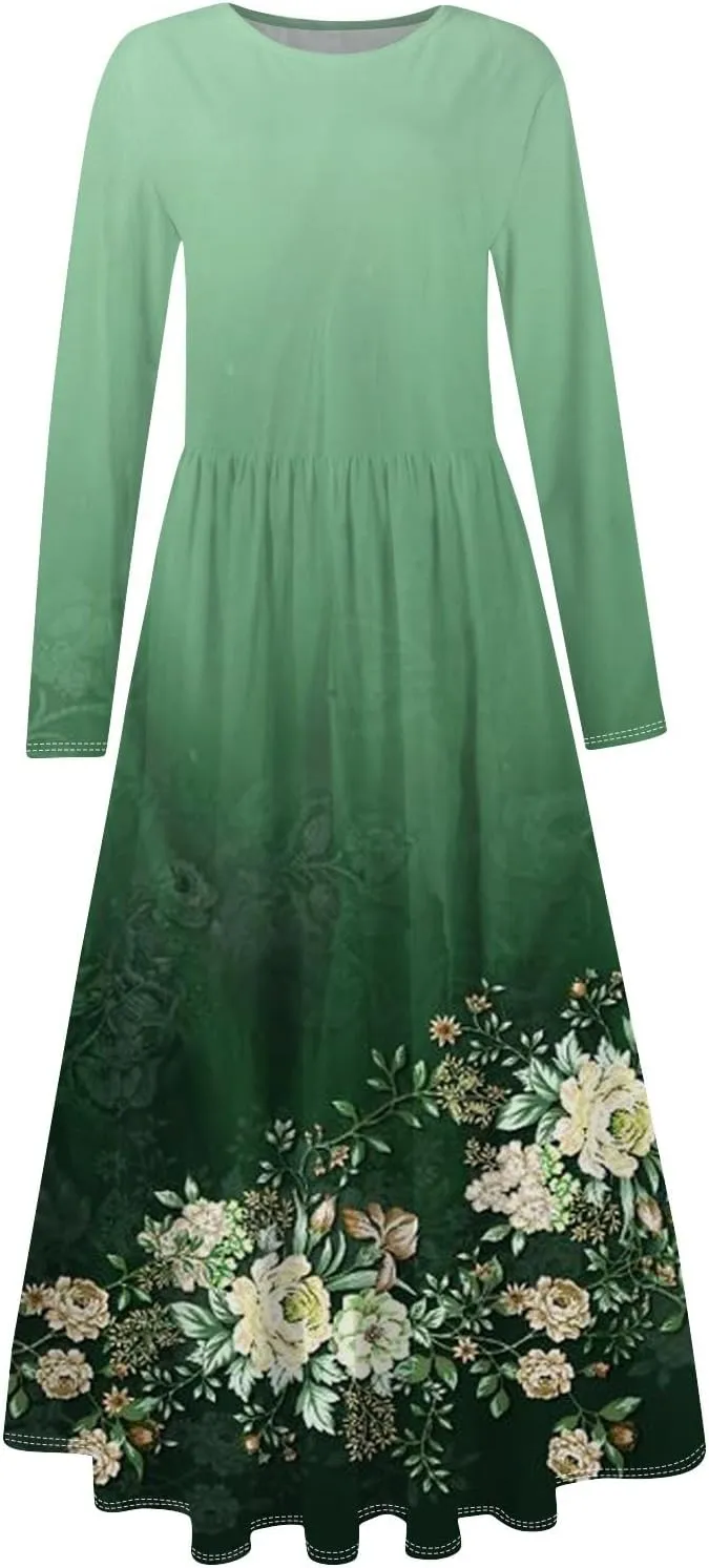 ZEFOTIM Long Sleeve Dresses for Women Casual Crewneck with Pockets Vacation Floral Dresses Spring Summer Dresses